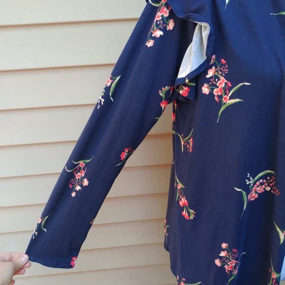 Isaac Liev Dark Blue Floral Print Cardigan Top Open-Front Long Sleeves Ruffle - Picture 6 of 11